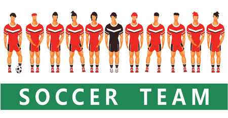 Vector illustration team of soccer players with a ball on a white background and goalkeeper stand in a rowのイラスト素材