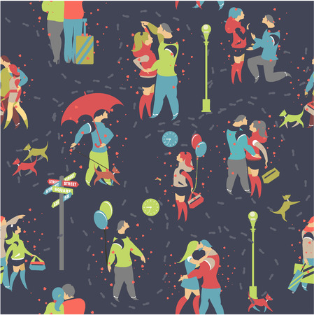 Vector illustration of a seamless pattern enamored couple on a date, love and happiness on a black backgroundのイラスト素材
