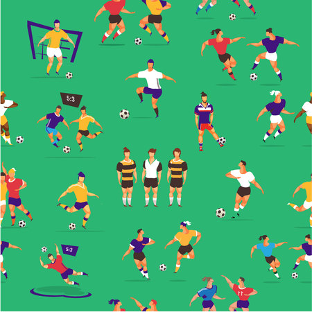 vector illustration seamless pattern sport soccer players hold match on green field backgroundのイラスト素材