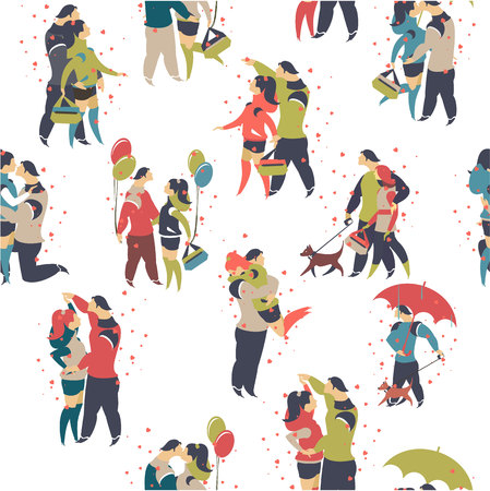Vector illustration of a seamless pattern enamored couple on a date, love and happiness on a white backgroundのイラスト素材