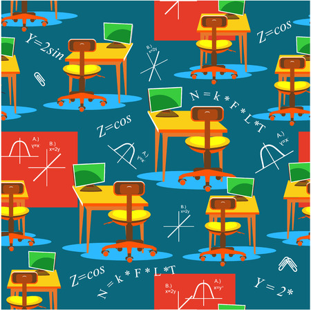 A Vector illustration of a seamless pattern. Education, working computer desk for school or other educational institution office for paper design, textilesのイラスト素材