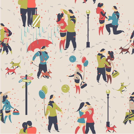 Vector illustration of a seamless pattern enamored couple on a date, love and happiness on a black backgroundのイラスト素材