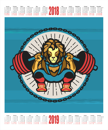 vector illustration 2018-2019 calendar emblem sport club mascot lion crouches with a barbellのイラスト素材