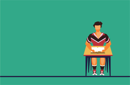 Vector flat illustration of a young student sitting in a classroom at a desk with an open bookのイラスト素材