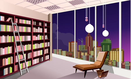 Vector illustration of a shelving bookshelf on the wall in the great hall in the library of the panoramic window at the city skyline night.のイラスト素材