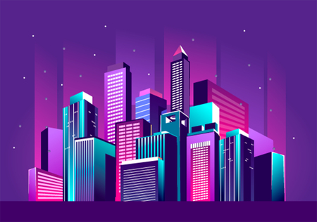 Vector illustration of a night glowing neon city a multi-storey group of buildings in a bright glow of festivitiesのイラスト素材