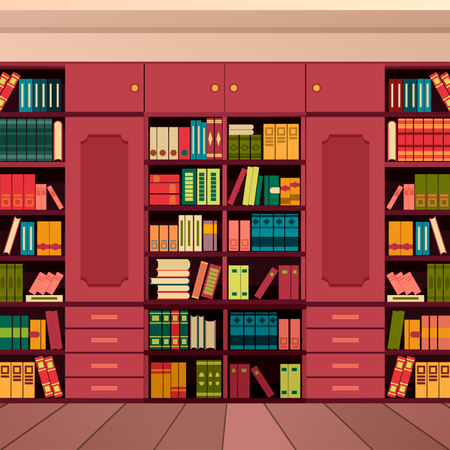 Vector illustration library shelves bookshelves library flat styleのイラスト素材
