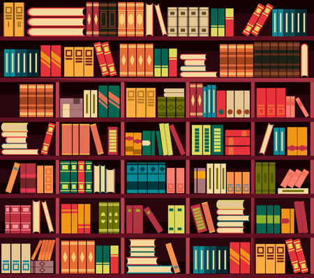 Vector illustration seamless pattern background retro bookshelf in flat style.のイラスト素材