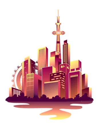 Vector illustration of a nightly abstract glowing city with multi-storyed houses banners on a white background.のイラスト素材