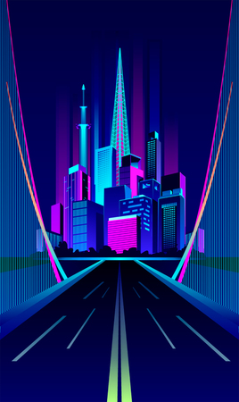 A Vector illustration of a night glowing bridge a neon road leaving deep into the skyのイラスト素材