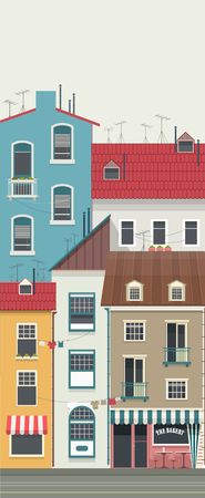 vector illustration of a small town with colorful facades city streetのイラスト素材