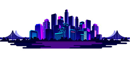 Vector illustration of a night glowing neon silhouette of a city near a river isolated on a white backgroundのイラスト素材