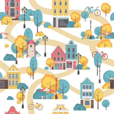 vector illustration seamless pattern city scene street residential buildingのイラスト素材