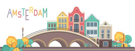Amsterdam banner with a bridge and buildingsのイラスト素材