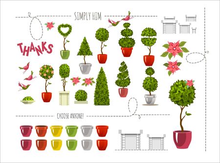 Vector illustration set of plants in pots for street topiary on a white background.のイラスト素材