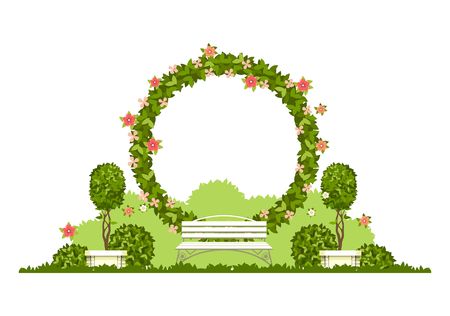 Wedding arch on a white background of plant elements and flowers, park beautiful figures of topiary for a wedding ceremony in the form of a circleのイラスト素材