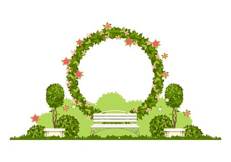 Wedding arch on a white background of plant elements and flowers, park beautiful figures of topiary for a wedding ceremony in the form of a circle