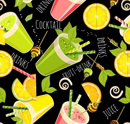 image of a seamless pattern of detox cocktail for a healthy lifestyle in a glass with a strawのイラスト素材