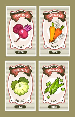 Set of card templates of healthy food stuffs vegetables on vertical vintage tags of beetroot. carrots, patisson, peasのイラスト素材