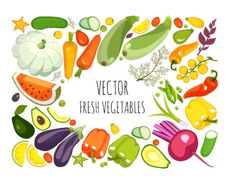 illustration of a collection of ripe vegetables herbs and fruits chopped slices on a white background isolated set, menu, description of products, empty spaceのイラスト素材