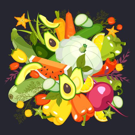 illustration of a collection of ripe vegetables herbs and fruits chopped slices on a black background isolated setのイラスト素材