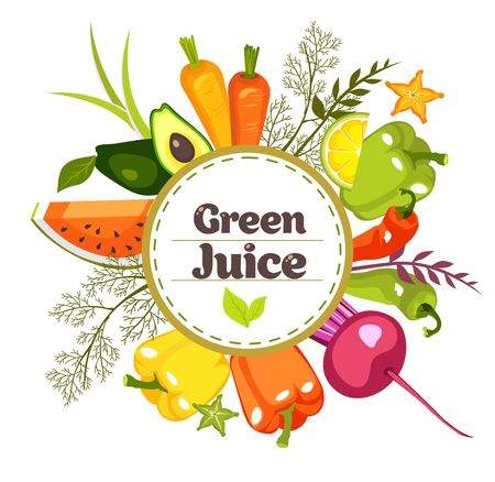 image of a herb of vegetables spread out in a circle components for detox of a green cocktail and a healthy lifestyle menuのイラスト素材