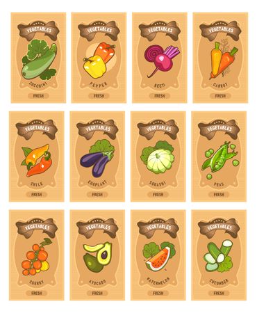 Set of card templates of healthy food stuffs vegetables on vertical vintage tags of tomato, beetroot. carrots, peppers, squash, eggplant,のイラスト素材