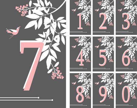 illustration set of vertical cards with numbers decorated with eucalyptus leaves berries birds on a black backgroundのイラスト素材