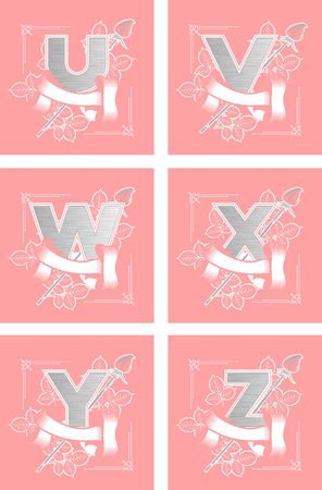 set of letters in rectangles decorated with ribbons and roses with leaves u, v, w, x, y, zのイラスト素材