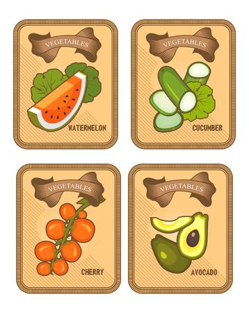 Set of card templates products of healthy food vegetables on vertical vintage tags tomato, avocado, arubz, cucumber, sliceのイラスト素材