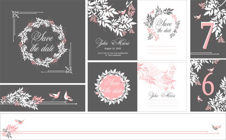 Wedding invitation, invitation menu rsvp thank you card floral greenery design, Eucalyptus leaves templates with love birdsのイラスト素材