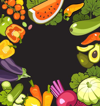illustration of a set of ripe vegetables in a square shape frame on a black background with empty spaceのイラスト素材