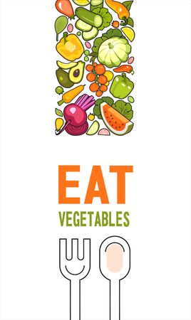 vertical illustration with ripe vegetables poster brochure on white background about healthy foodのイラスト素材