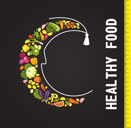 vertical illustration with ripe vegetables poster brochure on a black background on healthy foodのイラスト素材