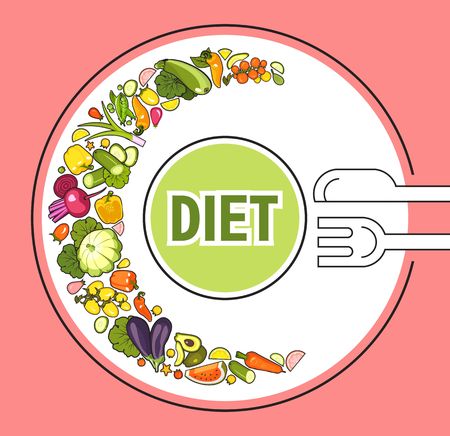 vertical illustration with ripe vegetables folded semicircle on a plate with stylized spoon fork restaurant business menu cafe emblemのイラスト素材