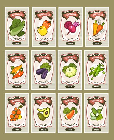 Set of card templates of healthy food stuffs vegetables on vertical vintage tags of tomato, beetroot. carrots, peppers, squash, eggplant,のイラスト素材