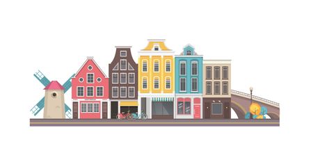 illustration city buildings street near bridge city amsterdam on white backgroundのイラスト素材