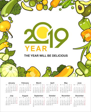 wall or table vertical calendar 2019 ripe yellow and green vegetables healthy food on a white backgroundのイラスト素材