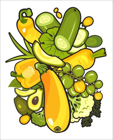 Illustration for Vector vertical illustration with ripe vegetables poster brochure on white background about healthy food stylized logos spoon and fork for restaurant or cafe - Royalty Free Image