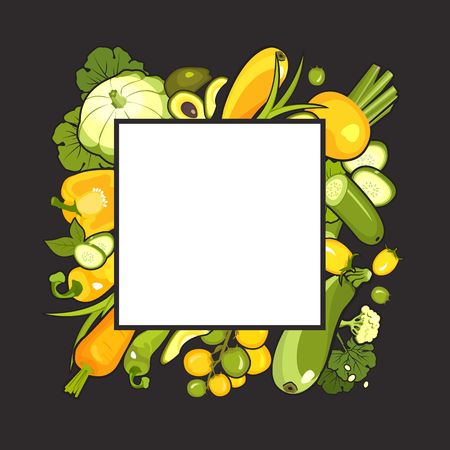 Vector vertical illustration with ripe vegetables poster brochure on white background about healthy food stylized logos spoon and fork for restaurant or cafeのイラスト素材