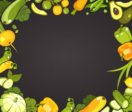 Vector vertical illustration with ripe vegetables poster brochure on white background about healthy food stylized logos spoon and fork for restaurant or cafeのイラスト素材