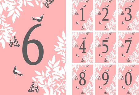 vector illustration set of vertical cards with numbers decorated with eucalyptus leaves berries birdsのイラスト素材