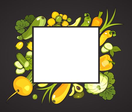 Vector vertical illustration with ripe vegetables poster brochure on white background about healthy food stylized logos spoon and fork for restaurant or cafeのイラスト素材
