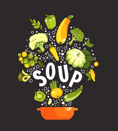 vector illustration set of fresh vegetables on a black background cooking food kitchen accessories, saucepan, first courses, soupのイラスト素材