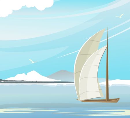 vector illustration, sailboat in the sea in the daytime on a background of mountains and a sea landscapeのイラスト素材