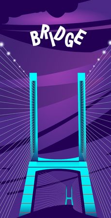 Large night neon, glowing bridge vector vertical illustration, front view, full face construction, the road goes into the distance,のイラスト素材