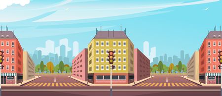 vector illustration asphalt road of the crossroads with skyscrapers and skyscrapers horizontal panoramicのイラスト素材