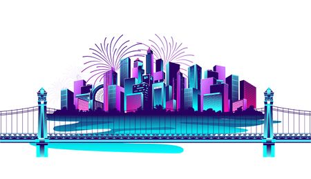 vector horizontal illustration of a neon-populated metropolis on a white backgroundのイラスト素材