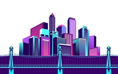 vector illustration neon colored multicolored night city in electric lights bridge over canal to megalopolis road white backgroundのイラスト素材