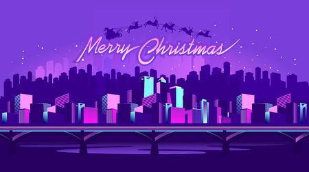 Night neon city, Santa Claus riding over the sky with reindeers on Christmas night, vector horizontal illustratorのイラスト素材